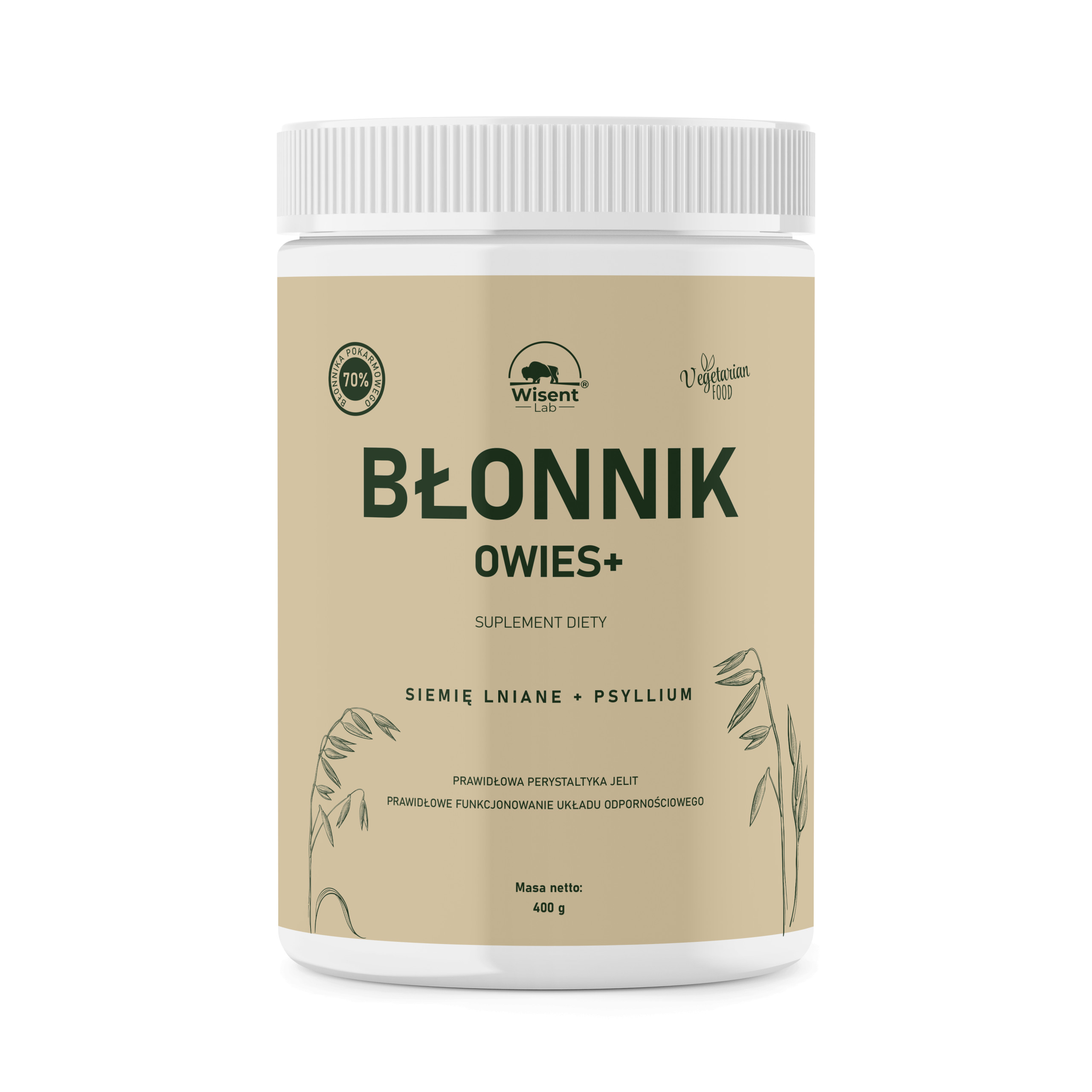 błonnik owsiany, owies + wisentlab BŁONNIK OWIES+ w proszku - siemię lniane, babka płesznik - puszka 400g - obrazek 1